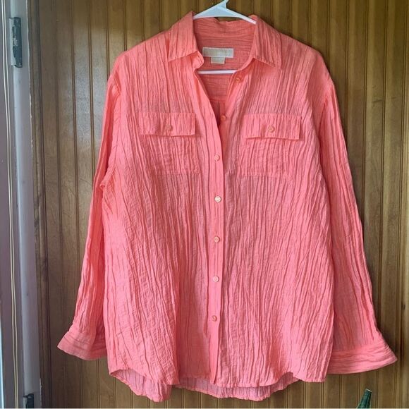 ‘Michael’ Michael Kors Pink Rouched Belted Button-Up Top- Women XS - Picture 2 of 9